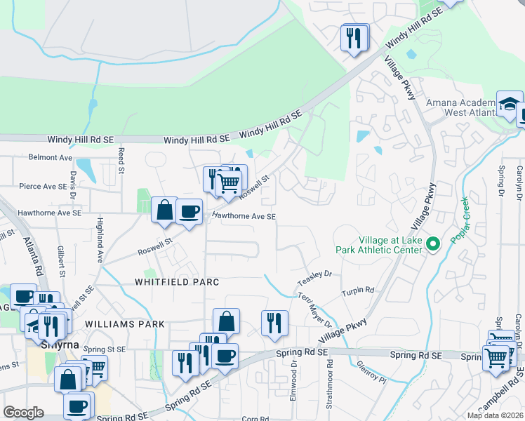 map of restaurants, bars, coffee shops, grocery stores, and more near 1775 Hawthorne Avenue Southeast in Smyrna