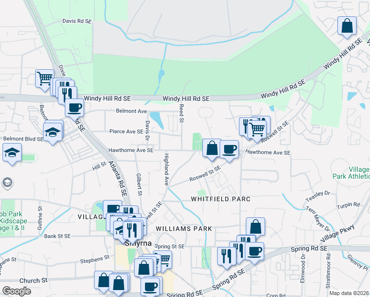 map of restaurants, bars, coffee shops, grocery stores, and more near 1495 Hawthorne Avenue Southeast in Smyrna