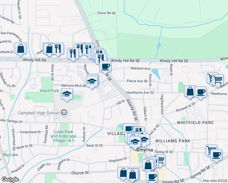 map of restaurants, bars, coffee shops, grocery stores, and more near 328 Symphony Way in Smyrna