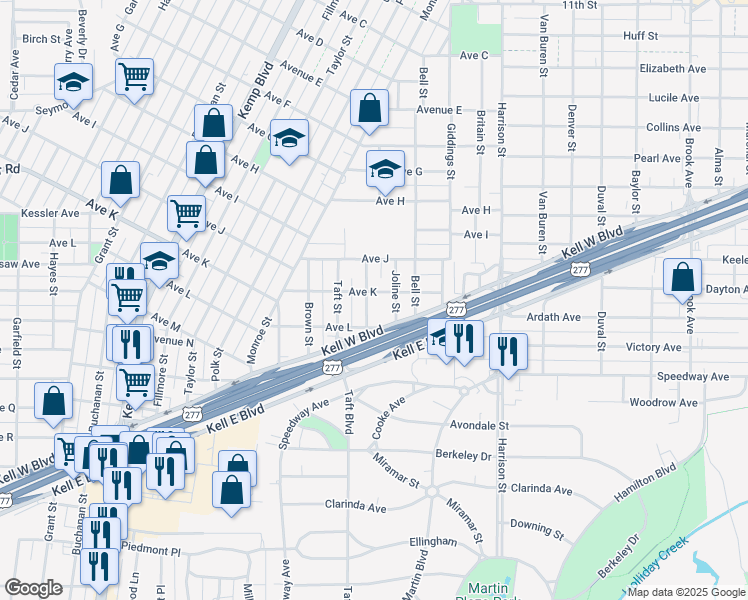 map of restaurants, bars, coffee shops, grocery stores, and more near 2149 Avenue K in Wichita Falls
