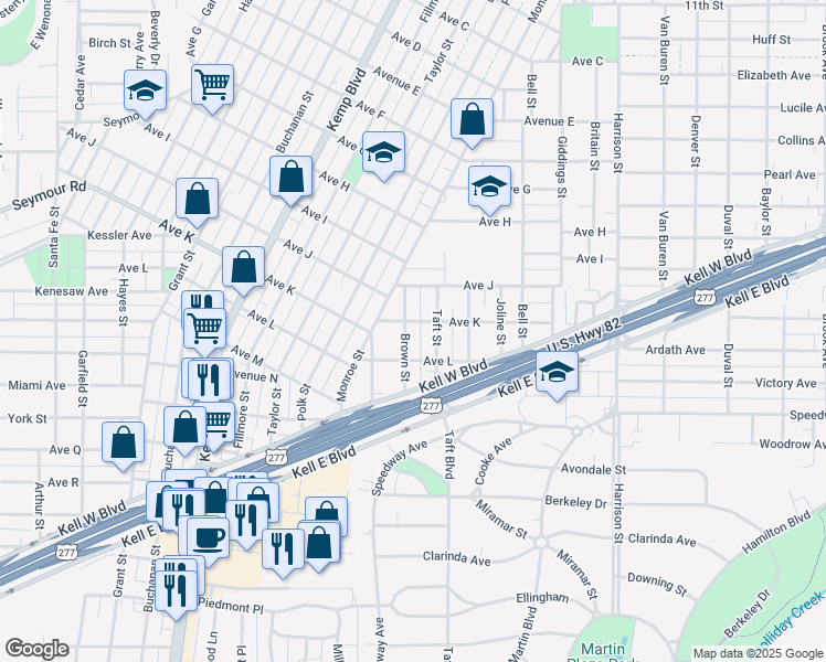 map of restaurants, bars, coffee shops, grocery stores, and more near 2103 Brown Street in Wichita Falls