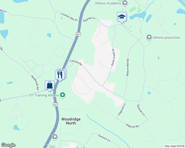 map of restaurants, bars, coffee shops, grocery stores, and more near 1151 Lavista Road in Athens