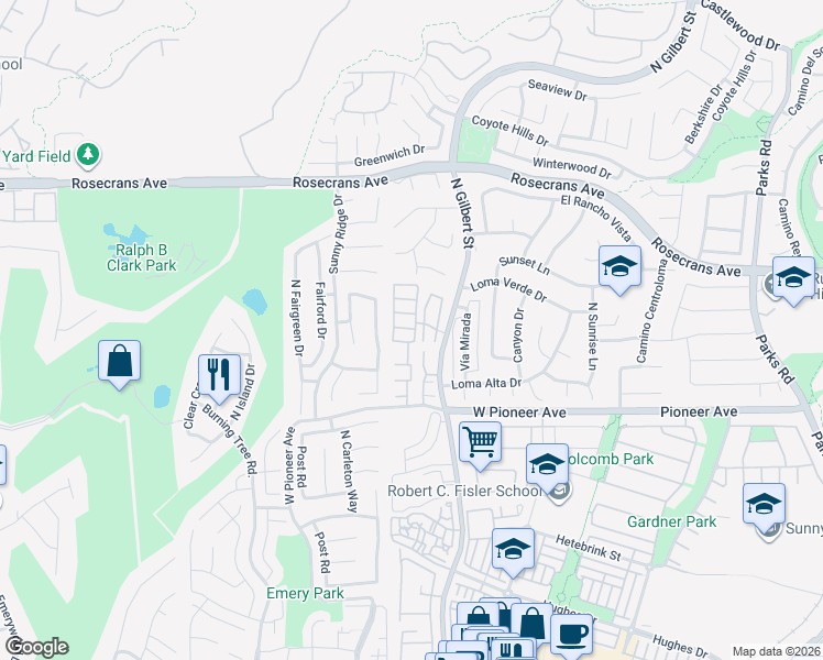 map of restaurants, bars, coffee shops, grocery stores, and more near 1745 Avenida Selva in Fullerton
