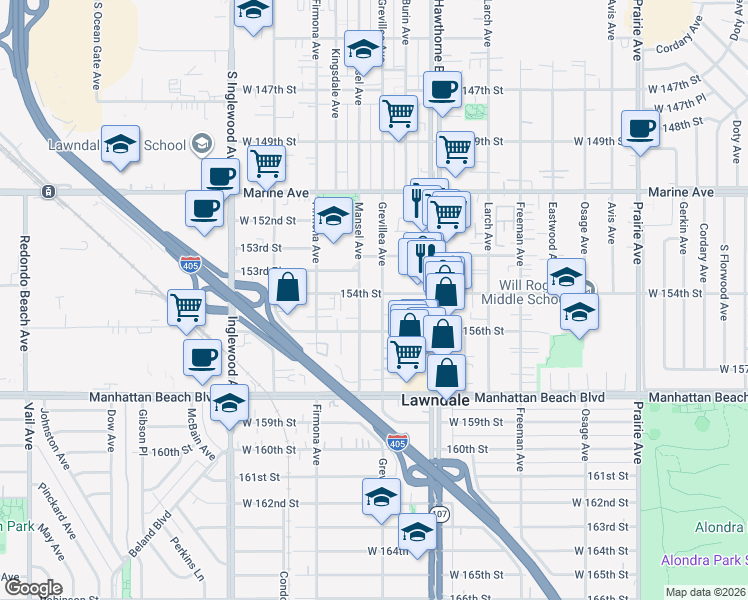 map of restaurants, bars, coffee shops, grocery stores, and more near 4450 154th Street in Lawndale