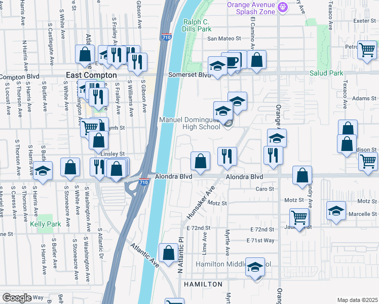 map of restaurants, bars, coffee shops, grocery stores, and more near 6407 Alondra Boulevard in Paramount