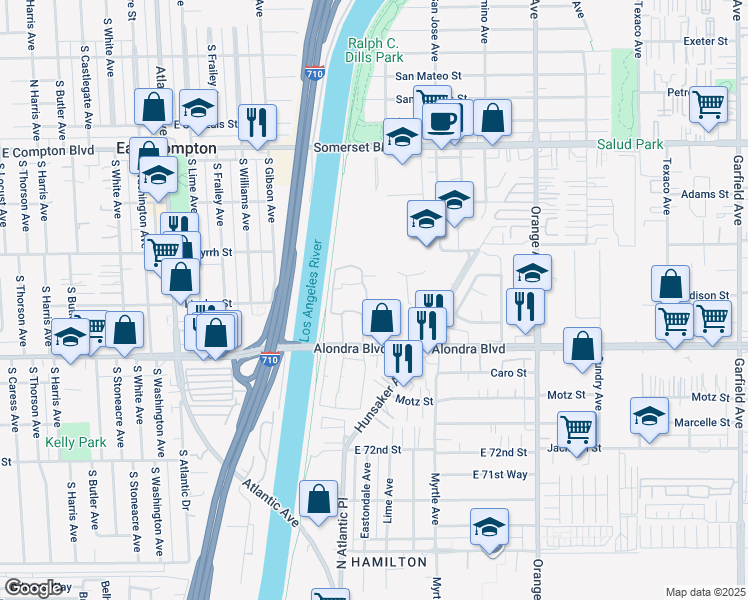 map of restaurants, bars, coffee shops, grocery stores, and more near 6407 Alondra Boulevard in Paramount