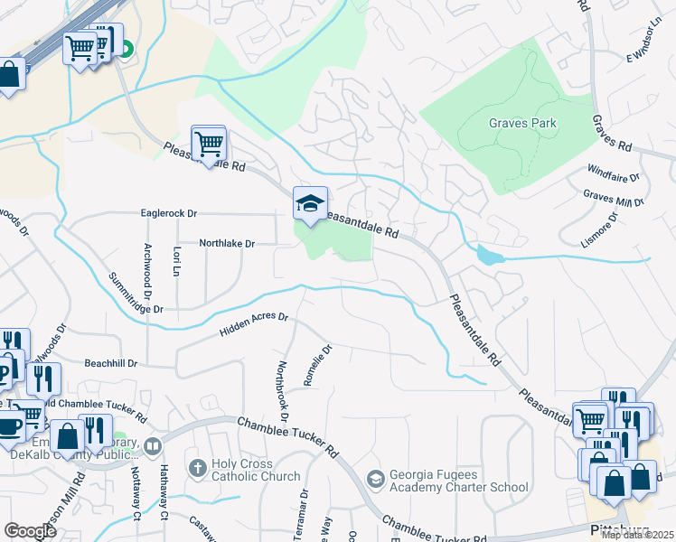 map of restaurants, bars, coffee shops, grocery stores, and more near 3798 Valley Bluff Drive in Atlanta