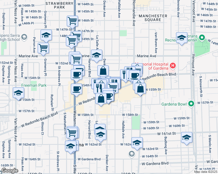 map of restaurants, bars, coffee shops, grocery stores, and more near 1534 West 154th Place in Gardena