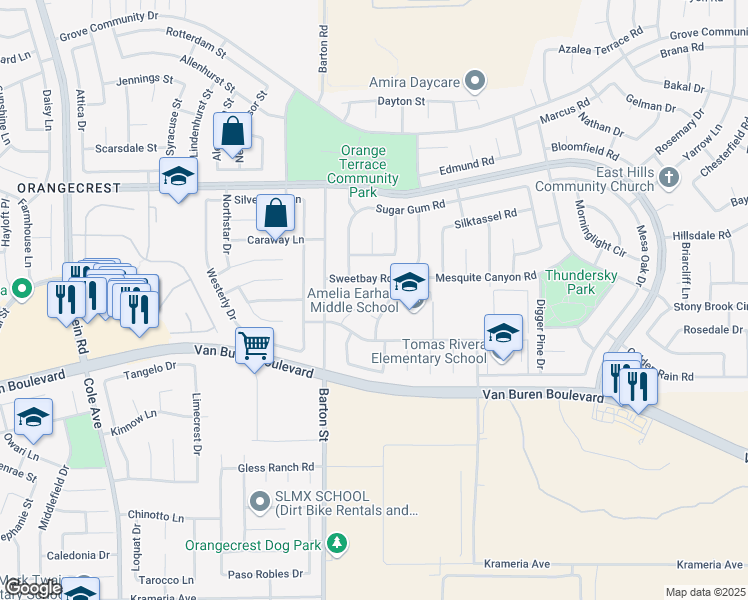 map of restaurants, bars, coffee shops, grocery stores, and more near 8814 Keystone Court in Riverside
