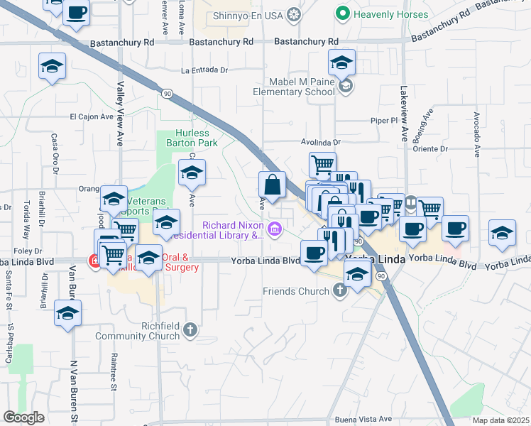map of restaurants, bars, coffee shops, grocery stores, and more near 4845 Eisenhower Court in Yorba Linda