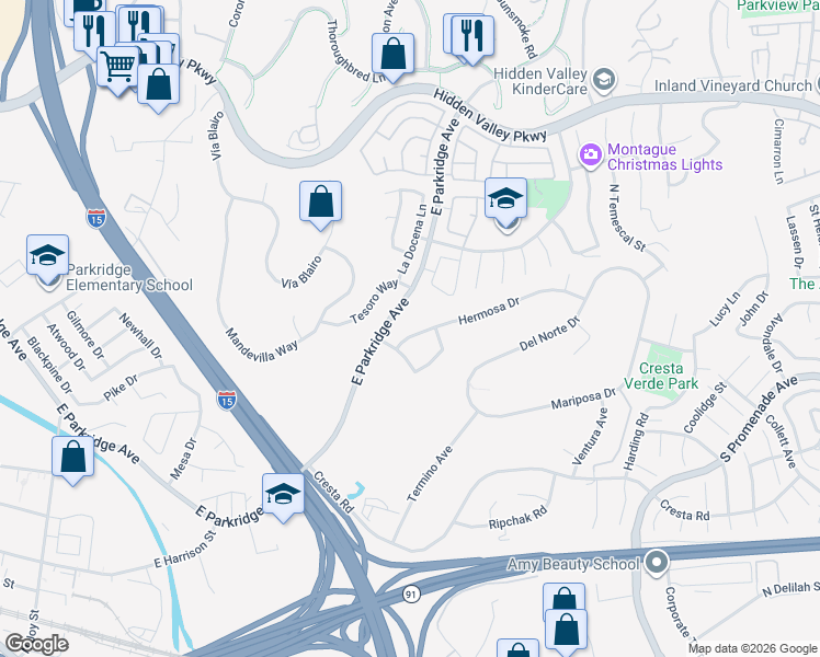 map of restaurants, bars, coffee shops, grocery stores, and more near 1323 Hermosa Drive in Corona