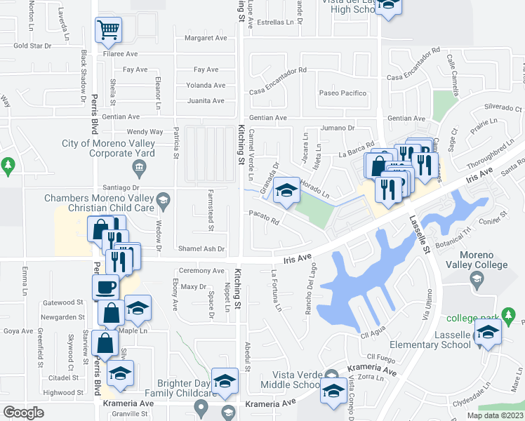 map of restaurants, bars, coffee shops, grocery stores, and more near 25568 Pacato Road in Moreno Valley