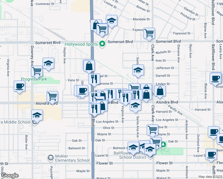 map of restaurants, bars, coffee shops, grocery stores, and more near 9113 Rendalia Street in Bellflower