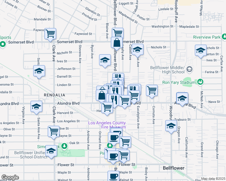 map of restaurants, bars, coffee shops, grocery stores, and more near 15720 Bellflower Boulevard in Bellflower