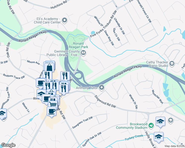 map of restaurants, bars, coffee shops, grocery stores, and more near 2773 Marcia Drive Southwest in Lawrenceville