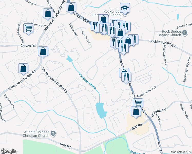 map of restaurants, bars, coffee shops, grocery stores, and more near 6338 Boyett Drive Northwest in Norcross