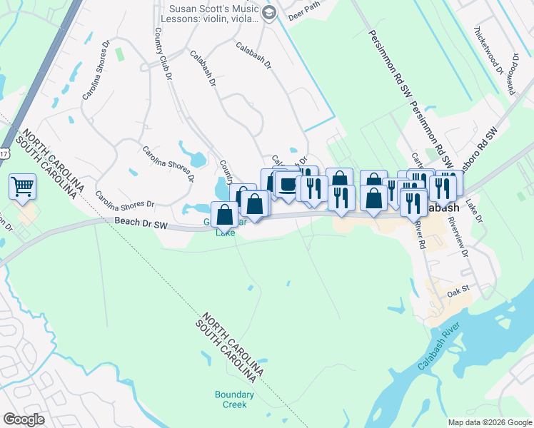 map of restaurants, bars, coffee shops, grocery stores, and more near 10170 North Carolina 179 in Calabash