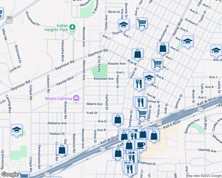 map of restaurants, bars, coffee shops, grocery stores, and more near 3011 Cumberland Avenue in Wichita Falls