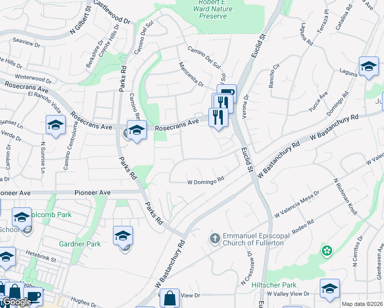 map of restaurants, bars, coffee shops, grocery stores, and more near 1283 Paseo Dorado in Fullerton