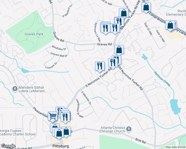 map of restaurants, bars, coffee shops, grocery stores, and more near 1329 Branch Drive in Tucker