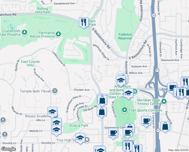 map of restaurants, bars, coffee shops, grocery stores, and more near 1910 Vista Del Oro in Fullerton