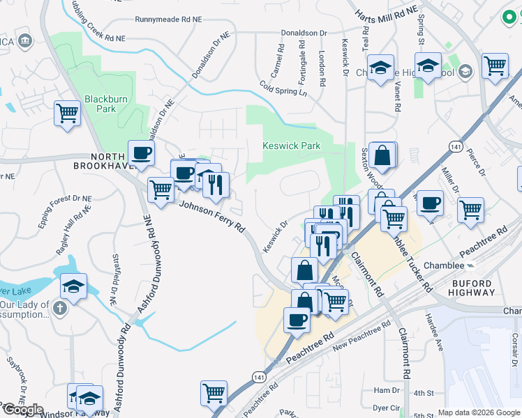 map of restaurants, bars, coffee shops, grocery stores, and more near 3421 Keswick Court in Atlanta
