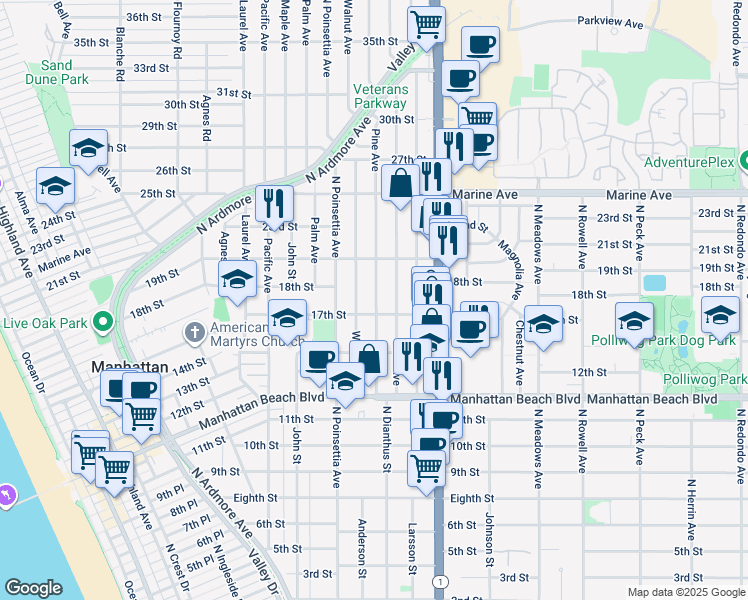 map of restaurants, bars, coffee shops, grocery stores, and more near in Manhattan Beach