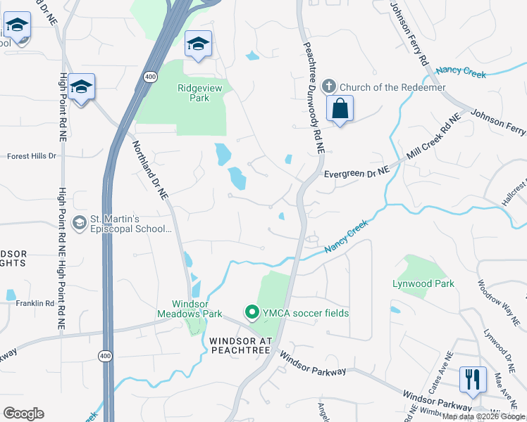 map of restaurants, bars, coffee shops, grocery stores, and more near 245 Trimble Crest Drive Northeast in Atlanta
