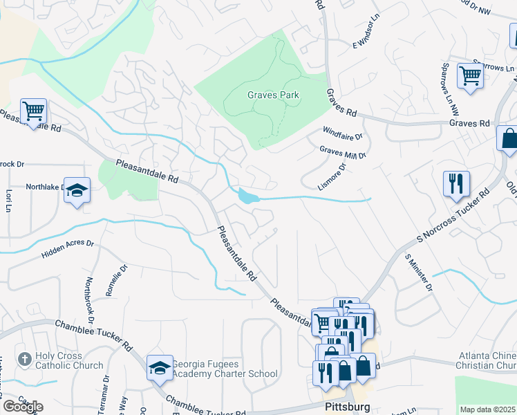 map of restaurants, bars, coffee shops, grocery stores, and more near 3999 Bayside Circle in Doraville