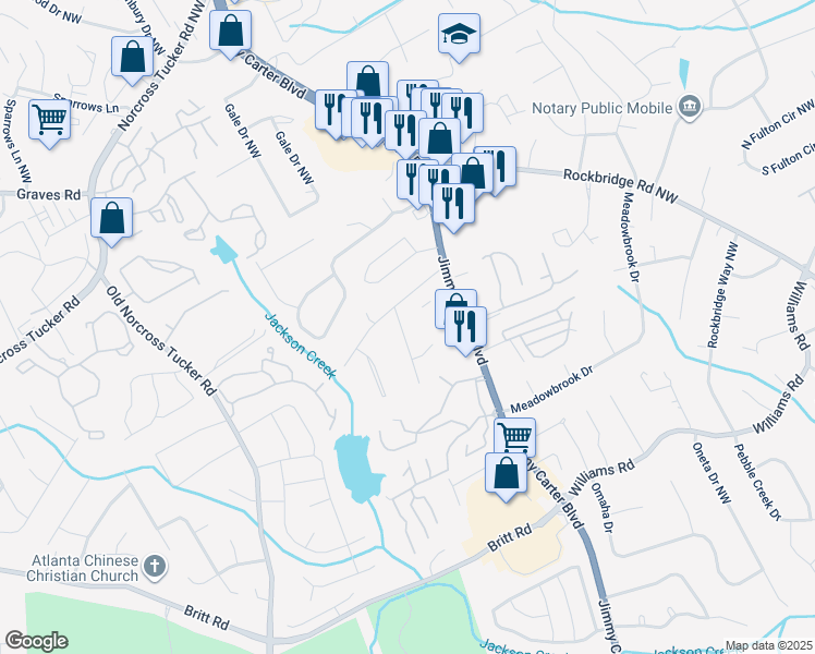 map of restaurants, bars, coffee shops, grocery stores, and more near 1155 Forest Vale Way in Norcross