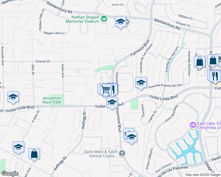 map of restaurants, bars, coffee shops, grocery stores, and more near 4796 Benicia Plaza in Yorba Linda