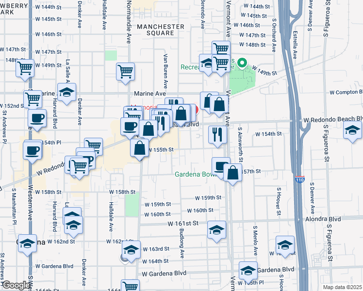 map of restaurants, bars, coffee shops, grocery stores, and more near 15428 Budlong Avenue in Gardena