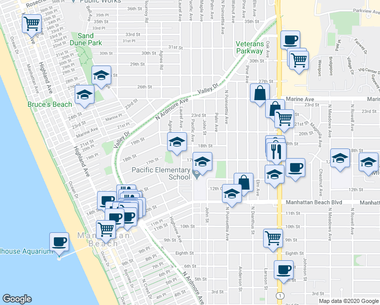map of restaurants, bars, coffee shops, grocery stores, and more near 1717 Pacific Avenue in Manhattan Beach