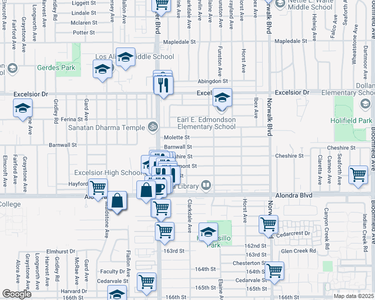 map of restaurants, bars, coffee shops, grocery stores, and more near 11900 Barnwall Street in Norwalk