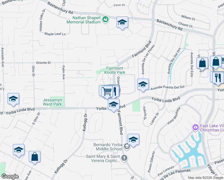 map of restaurants, bars, coffee shops, grocery stores, and more near 4796 Benicia Plaza in Yorba Linda