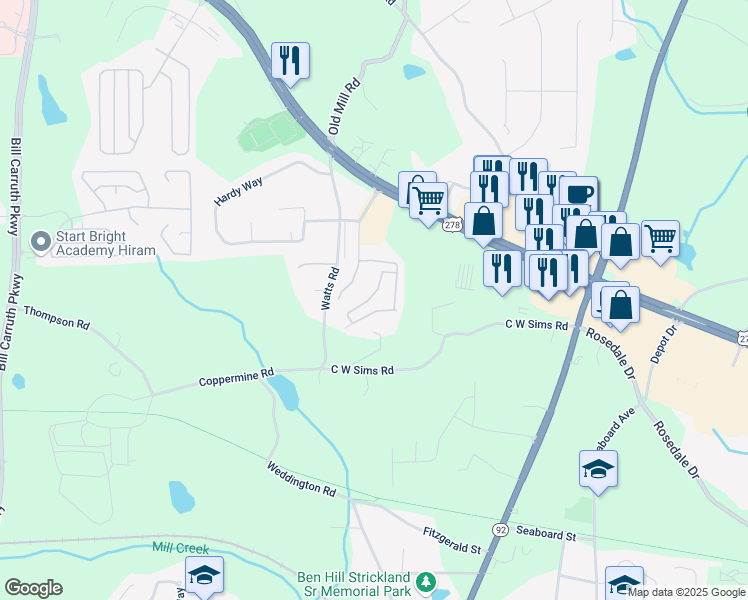 map of restaurants, bars, coffee shops, grocery stores, and more near 253 Enterprise Path in Hiram