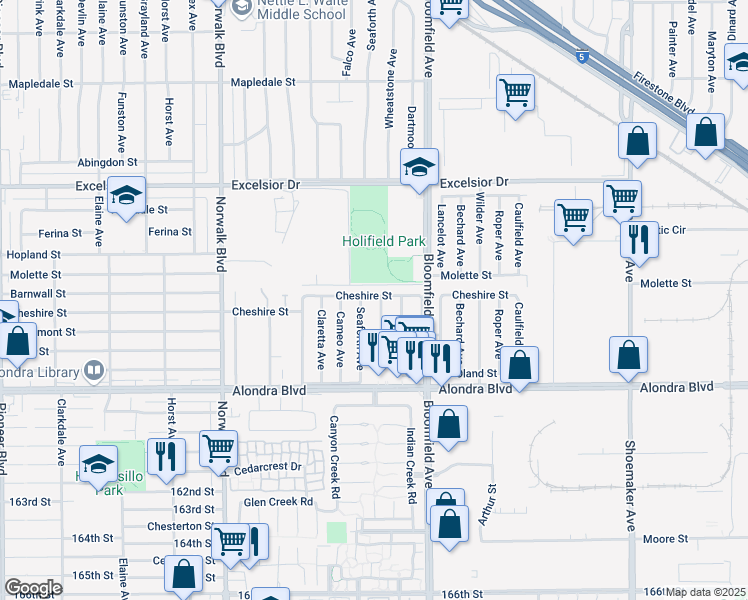 map of restaurants, bars, coffee shops, grocery stores, and more near 15503 Wheatstone Avenue in Norwalk