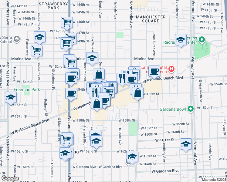 map of restaurants, bars, coffee shops, grocery stores, and more near 1515 West Redondo Beach Boulevard in Gardena