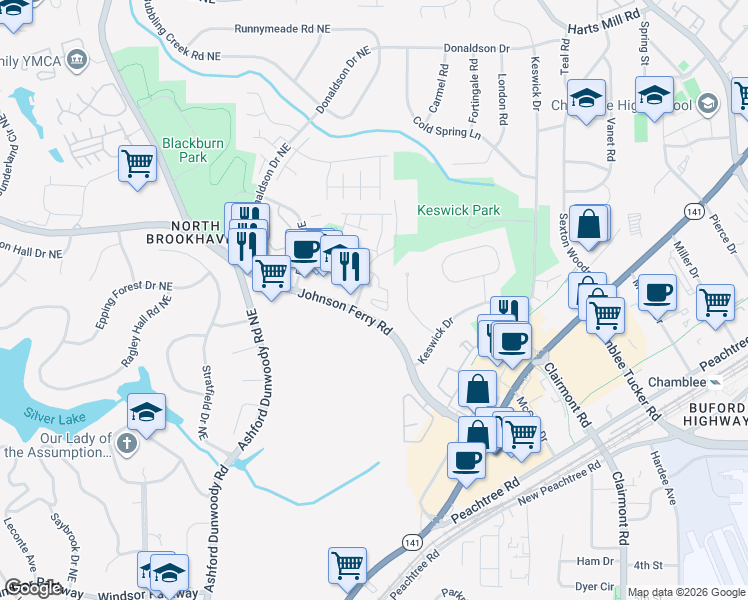 map of restaurants, bars, coffee shops, grocery stores, and more near 2282 Johnson Ferry Road Northeast in Atlanta