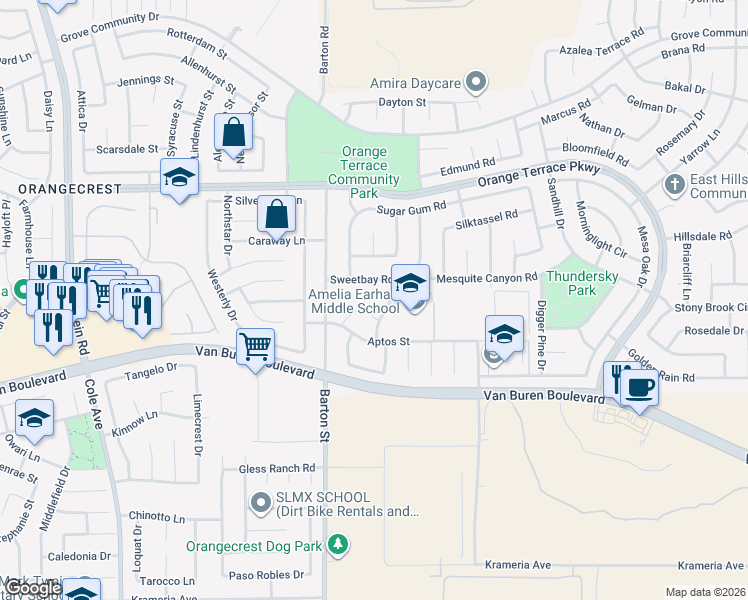 map of restaurants, bars, coffee shops, grocery stores, and more near 8814 Keystone Court in Riverside