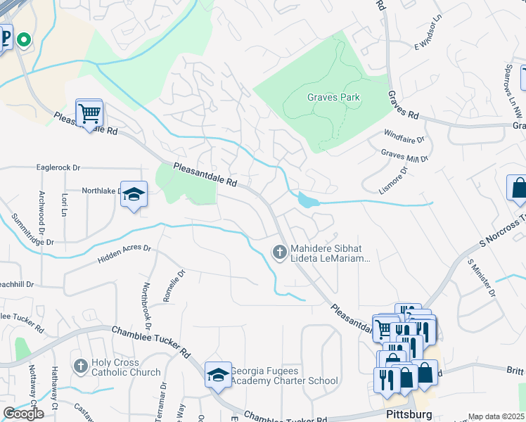 map of restaurants, bars, coffee shops, grocery stores, and more near 3917 Valley Bluff Drive in Atlanta
