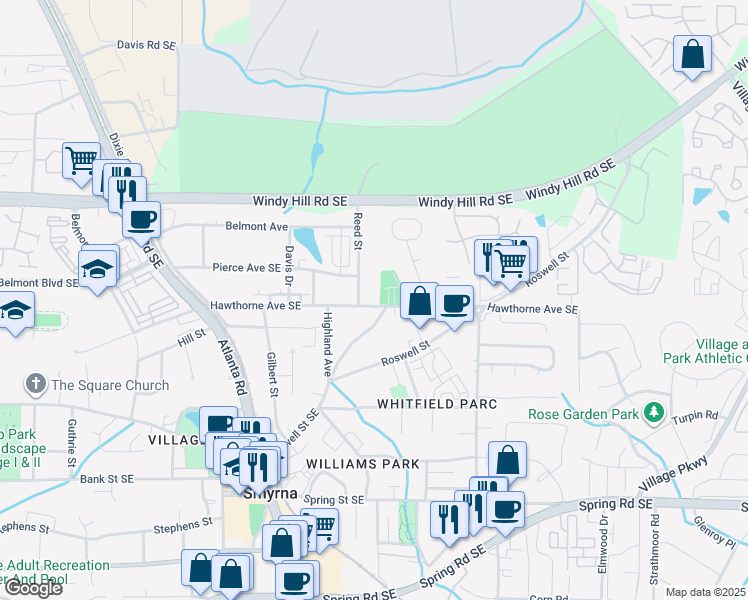 map of restaurants, bars, coffee shops, grocery stores, and more near 1495 Hawthorne Avenue Southeast in Smyrna
