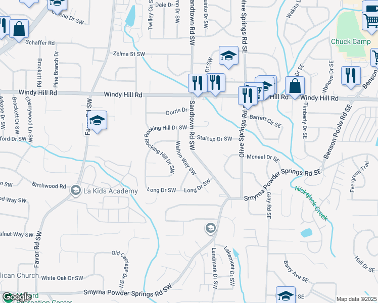 map of restaurants, bars, coffee shops, grocery stores, and more near 2566 Sandtown Road Southwest in Marietta