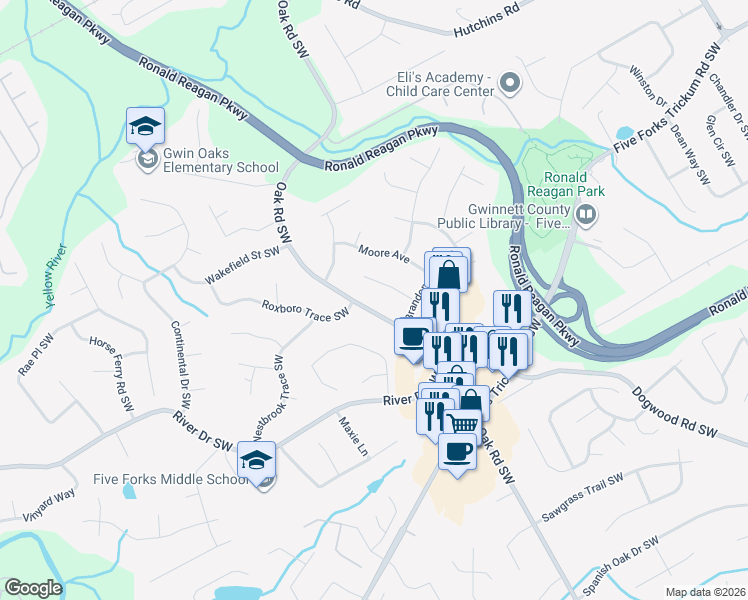 map of restaurants, bars, coffee shops, grocery stores, and more near 752 Oak Road Southwest in Lawrenceville