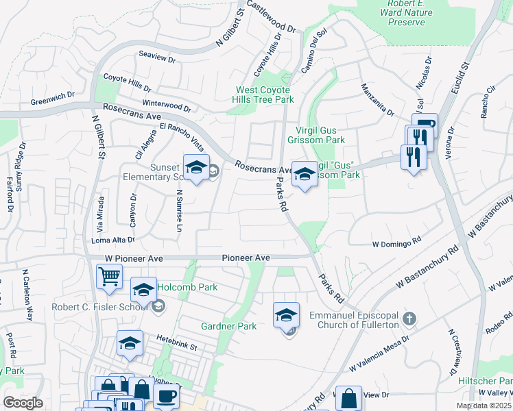 map of restaurants, bars, coffee shops, grocery stores, and more near 1839 West Conejo Lane in Fullerton