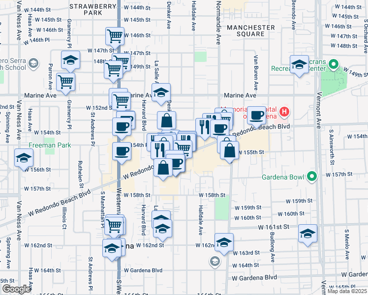 map of restaurants, bars, coffee shops, grocery stores, and more near 1518 West 154th Place in Gardena