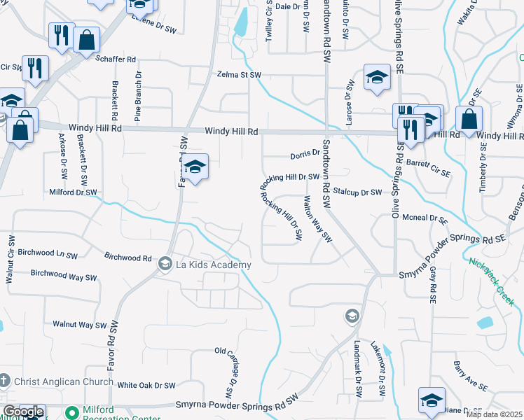 map of restaurants, bars, coffee shops, grocery stores, and more near 169 Long Drive Southwest in Marietta