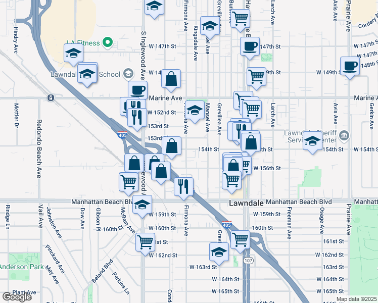 map of restaurants, bars, coffee shops, grocery stores, and more near 4574 154th Street in Lawndale