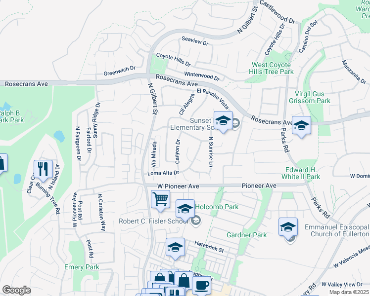 map of restaurants, bars, coffee shops, grocery stores, and more near 1641 Valley Lane in Fullerton