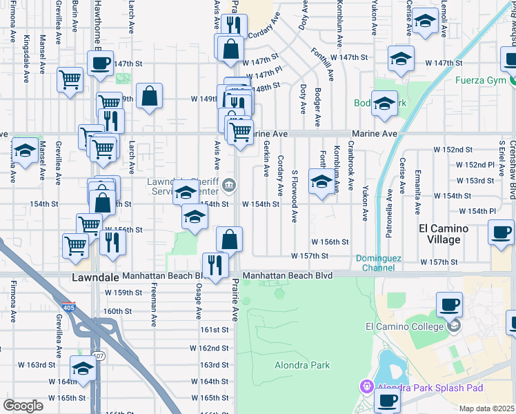 map of restaurants, bars, coffee shops, grocery stores, and more near 15402 Roselle Avenue in Lawndale